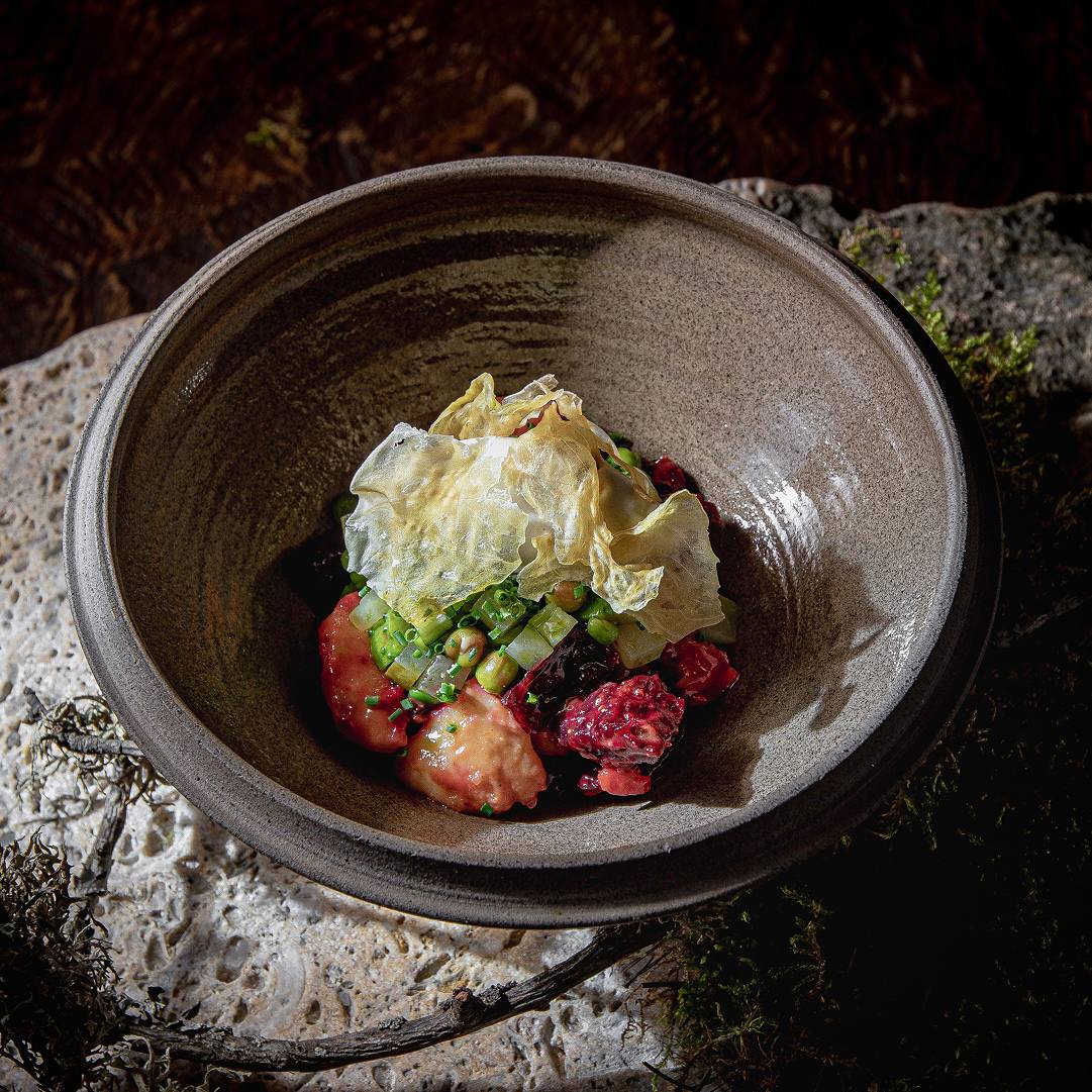 Винегрет с овощами из печи и мороженым из квашеной капусты